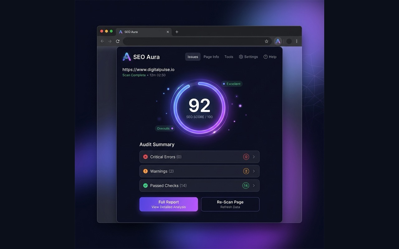 SEO Aura popup showing a 92/100 SEO score on a glowing radial gauge with an audit summary of 0 critical errors, 2 warnings and 14 passed checks