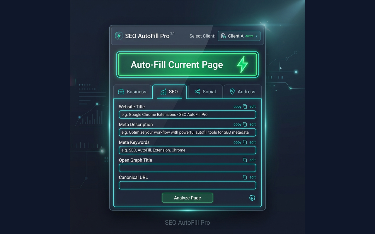 SEO AutoFill Pro popup dashboard with an Auto-Fill Current Page button and tabbed SEO fields grouped into Business, SEO, Social and Address