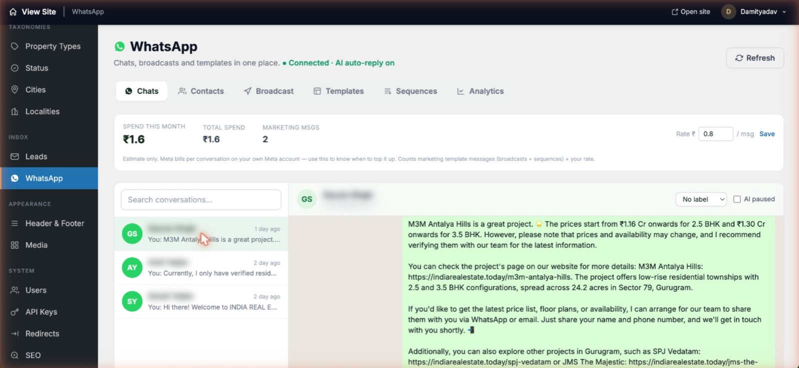 Two-way WhatsApp chat inside the custom admin panel, with the AI replying to a buyer about an M3M project and an AI-paused toggle